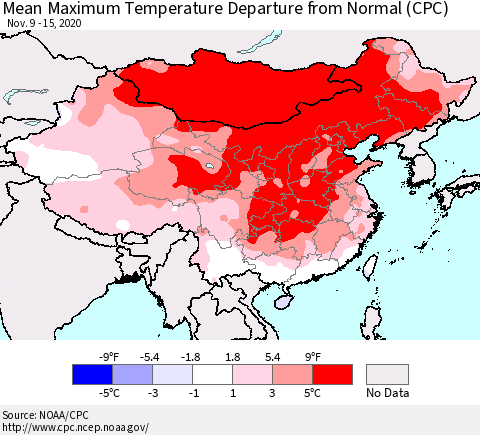 China, Mongolia and Taiwan Mean Maximum Temperature Departure from Normal (CPC) Thematic Map For 11/9/2020 - 11/15/2020