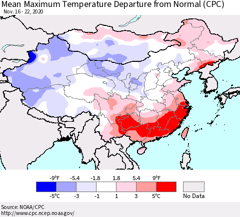 China, Mongolia and Taiwan Mean Maximum Temperature Departure from Normal (CPC) Thematic Map For 11/16/2020 - 11/22/2020