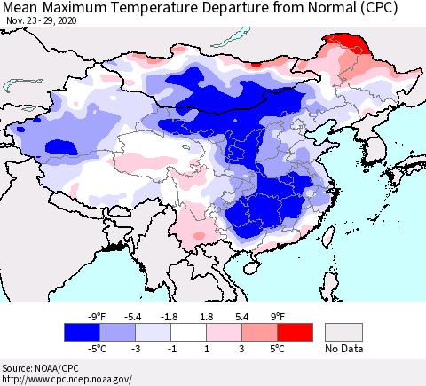 China, Mongolia and Taiwan Mean Maximum Temperature Departure from Normal (CPC) Thematic Map For 11/23/2020 - 11/29/2020