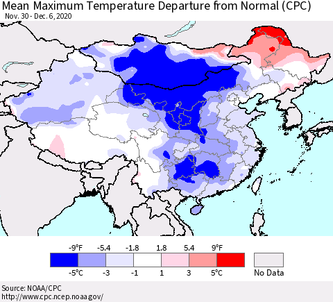 China, Mongolia and Taiwan Mean Maximum Temperature Departure from Normal (CPC) Thematic Map For 11/30/2020 - 12/6/2020