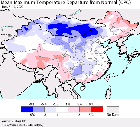 China, Mongolia and Taiwan Mean Maximum Temperature Departure from Normal (CPC) Thematic Map For 12/7/2020 - 12/13/2020