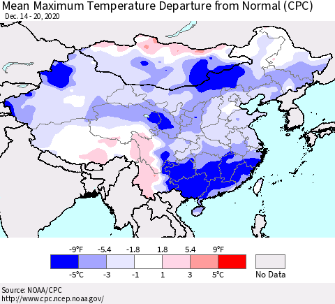 China, Mongolia and Taiwan Mean Maximum Temperature Departure from Normal (CPC) Thematic Map For 12/14/2020 - 12/20/2020