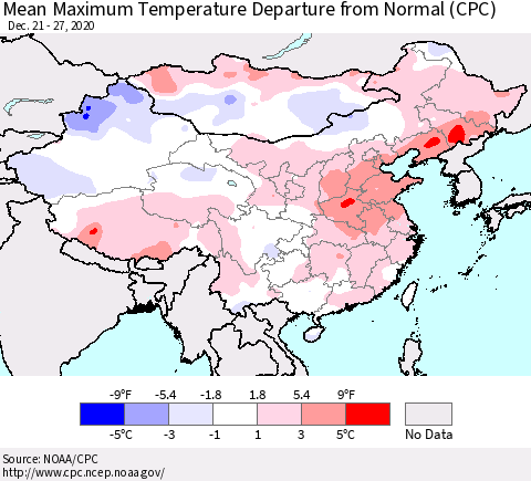 China, Mongolia and Taiwan Mean Maximum Temperature Departure from Normal (CPC) Thematic Map For 12/21/2020 - 12/27/2020