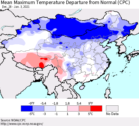 China, Mongolia and Taiwan Mean Maximum Temperature Departure from Normal (CPC) Thematic Map For 12/28/2020 - 1/3/2021