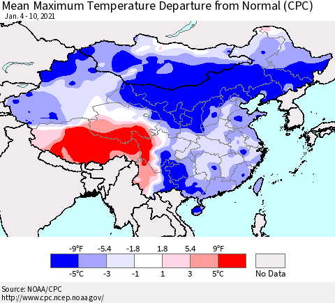 China, Mongolia and Taiwan Mean Maximum Temperature Departure from Normal (CPC) Thematic Map For 1/4/2021 - 1/10/2021