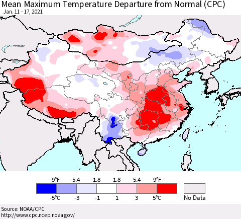 China, Mongolia and Taiwan Mean Maximum Temperature Departure from Normal (CPC) Thematic Map For 1/11/2021 - 1/17/2021