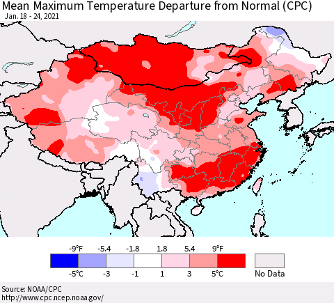 China, Mongolia and Taiwan Mean Maximum Temperature Departure from Normal (CPC) Thematic Map For 1/18/2021 - 1/24/2021