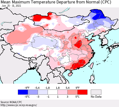 China, Mongolia and Taiwan Mean Maximum Temperature Departure from Normal (CPC) Thematic Map For 1/25/2021 - 1/31/2021