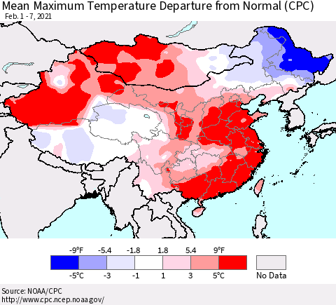 China, Mongolia and Taiwan Mean Maximum Temperature Departure from Normal (CPC) Thematic Map For 2/1/2021 - 2/7/2021