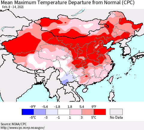 China, Mongolia and Taiwan Mean Maximum Temperature Departure from Normal (CPC) Thematic Map For 2/8/2021 - 2/14/2021