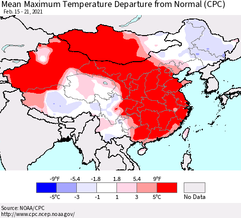 China, Mongolia and Taiwan Mean Maximum Temperature Departure from Normal (CPC) Thematic Map For 2/15/2021 - 2/21/2021