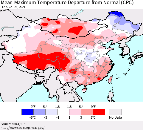 China, Mongolia and Taiwan Mean Maximum Temperature Departure from Normal (CPC) Thematic Map For 2/22/2021 - 2/28/2021