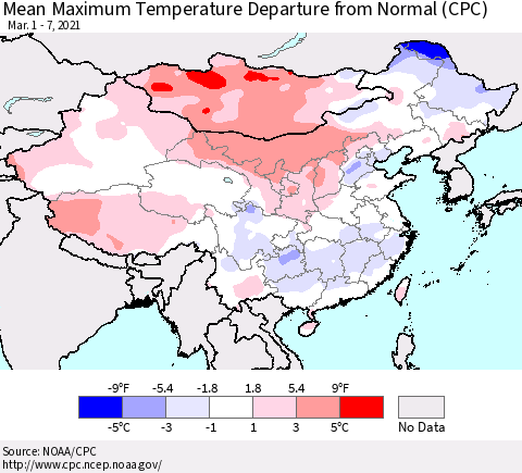 China, Mongolia and Taiwan Mean Maximum Temperature Departure from Normal (CPC) Thematic Map For 3/1/2021 - 3/7/2021