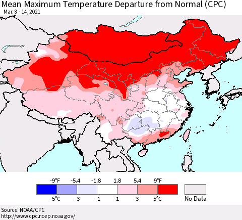 China, Mongolia and Taiwan Mean Maximum Temperature Departure from Normal (CPC) Thematic Map For 3/8/2021 - 3/14/2021