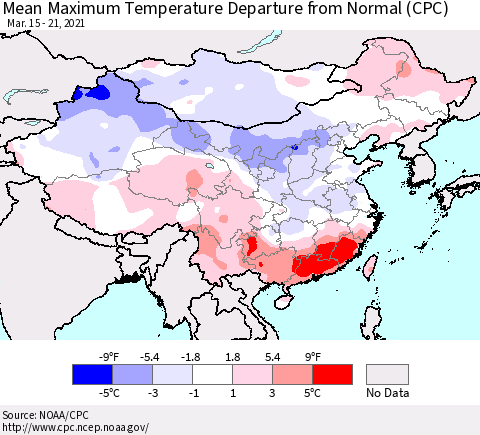 China, Mongolia and Taiwan Mean Maximum Temperature Departure from Normal (CPC) Thematic Map For 3/15/2021 - 3/21/2021