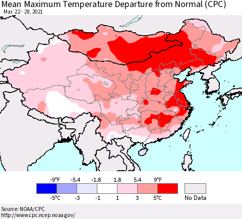 China, Mongolia and Taiwan Mean Maximum Temperature Departure from Normal (CPC) Thematic Map For 3/22/2021 - 3/28/2021