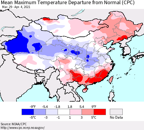 China, Mongolia and Taiwan Mean Maximum Temperature Departure from Normal (CPC) Thematic Map For 3/29/2021 - 4/4/2021
