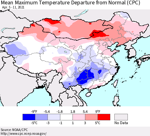 China, Mongolia and Taiwan Mean Maximum Temperature Departure from Normal (CPC) Thematic Map For 4/5/2021 - 4/11/2021