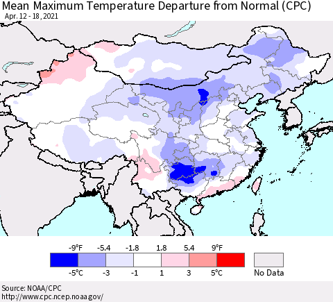 China, Mongolia and Taiwan Mean Maximum Temperature Departure from Normal (CPC) Thematic Map For 4/12/2021 - 4/18/2021