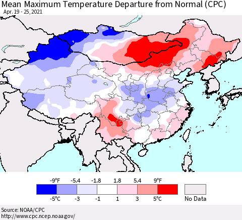 China, Mongolia and Taiwan Mean Maximum Temperature Departure from Normal (CPC) Thematic Map For 4/19/2021 - 4/25/2021