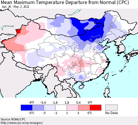 China, Mongolia and Taiwan Mean Maximum Temperature Departure from Normal (CPC) Thematic Map For 4/26/2021 - 5/2/2021