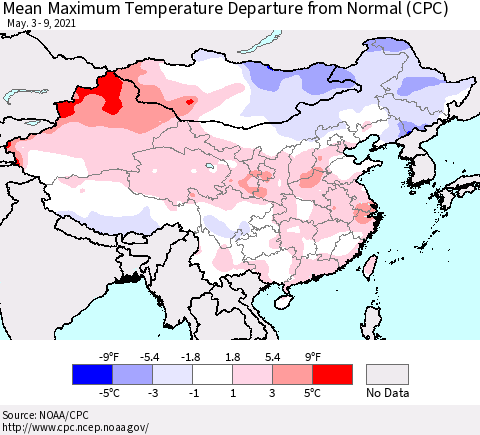 China, Mongolia and Taiwan Mean Maximum Temperature Departure from Normal (CPC) Thematic Map For 5/3/2021 - 5/9/2021