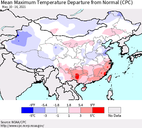 China, Mongolia and Taiwan Mean Maximum Temperature Departure from Normal (CPC) Thematic Map For 5/10/2021 - 5/16/2021