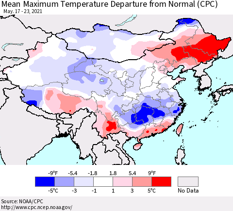 China, Mongolia and Taiwan Mean Maximum Temperature Departure from Normal (CPC) Thematic Map For 5/17/2021 - 5/23/2021