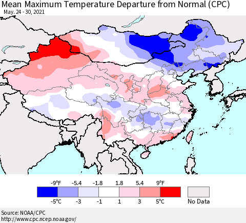 China, Mongolia and Taiwan Mean Maximum Temperature Departure from Normal (CPC) Thematic Map For 5/24/2021 - 5/30/2021