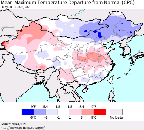 China, Mongolia and Taiwan Mean Maximum Temperature Departure from Normal (CPC) Thematic Map For 5/31/2021 - 6/6/2021