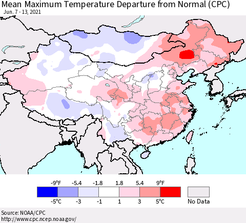 China, Mongolia and Taiwan Mean Maximum Temperature Departure from Normal (CPC) Thematic Map For 6/7/2021 - 6/13/2021