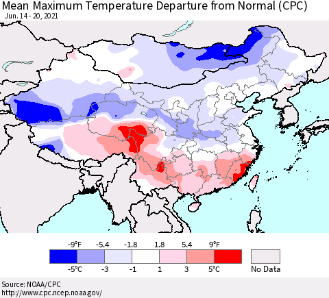 China, Mongolia and Taiwan Mean Maximum Temperature Departure from Normal (CPC) Thematic Map For 6/14/2021 - 6/20/2021