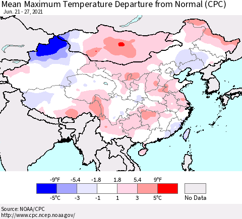 China, Mongolia and Taiwan Mean Maximum Temperature Departure from Normal (CPC) Thematic Map For 6/21/2021 - 6/27/2021