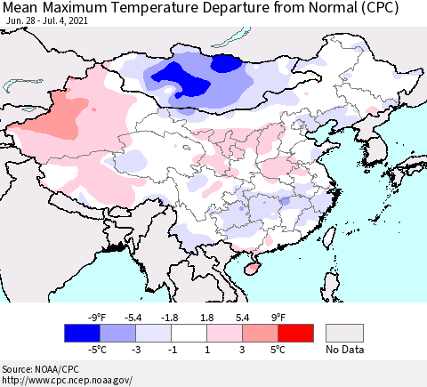 China, Mongolia and Taiwan Mean Maximum Temperature Departure from Normal (CPC) Thematic Map For 6/28/2021 - 7/4/2021
