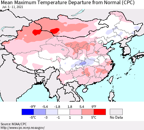 China, Mongolia and Taiwan Mean Maximum Temperature Departure from Normal (CPC) Thematic Map For 7/5/2021 - 7/11/2021