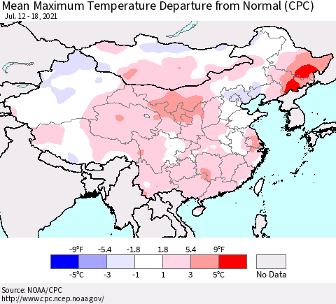 China, Mongolia and Taiwan Mean Maximum Temperature Departure from Normal (CPC) Thematic Map For 7/12/2021 - 7/18/2021