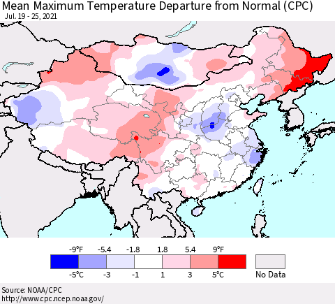 China, Mongolia and Taiwan Mean Maximum Temperature Departure from Normal (CPC) Thematic Map For 7/19/2021 - 7/25/2021