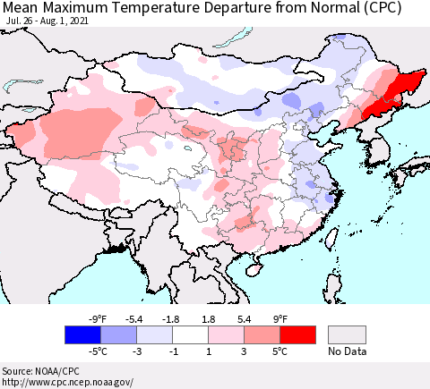 China, Mongolia and Taiwan Mean Maximum Temperature Departure from Normal (CPC) Thematic Map For 7/26/2021 - 8/1/2021