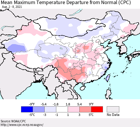 China, Mongolia and Taiwan Mean Maximum Temperature Departure from Normal (CPC) Thematic Map For 8/2/2021 - 8/8/2021