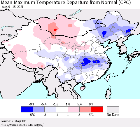 China, Mongolia and Taiwan Mean Maximum Temperature Departure from Normal (CPC) Thematic Map For 8/9/2021 - 8/15/2021
