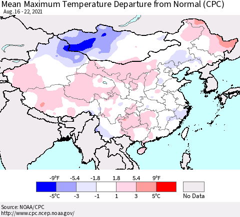 China, Mongolia and Taiwan Mean Maximum Temperature Departure from Normal (CPC) Thematic Map For 8/16/2021 - 8/22/2021