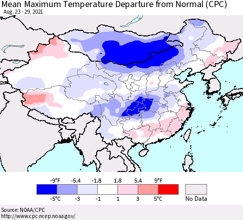 China, Mongolia and Taiwan Mean Maximum Temperature Departure from Normal (CPC) Thematic Map For 8/23/2021 - 8/29/2021