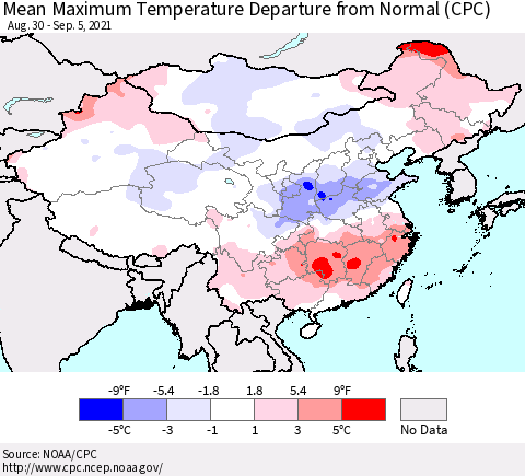 China, Mongolia and Taiwan Mean Maximum Temperature Departure from Normal (CPC) Thematic Map For 8/30/2021 - 9/5/2021