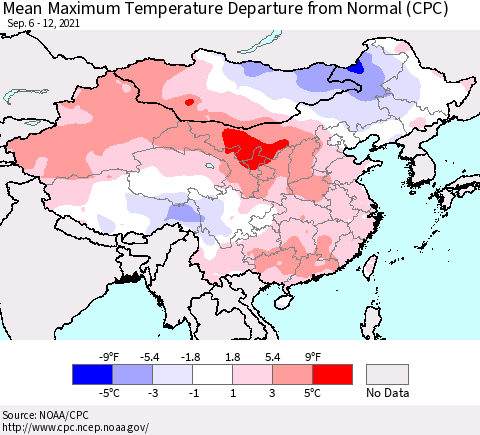 China, Mongolia and Taiwan Mean Maximum Temperature Departure from Normal (CPC) Thematic Map For 9/6/2021 - 9/12/2021