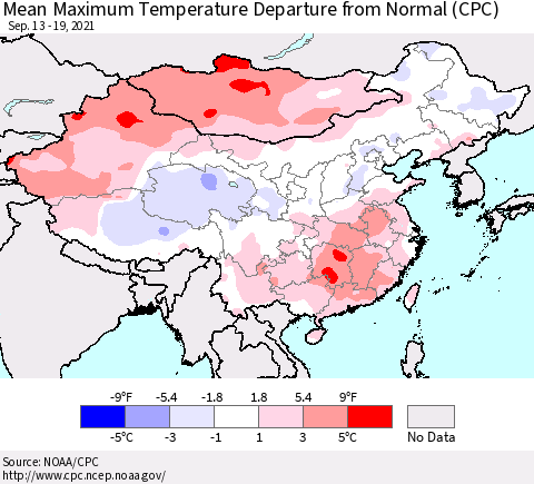 China, Mongolia and Taiwan Mean Maximum Temperature Departure from Normal (CPC) Thematic Map For 9/13/2021 - 9/19/2021