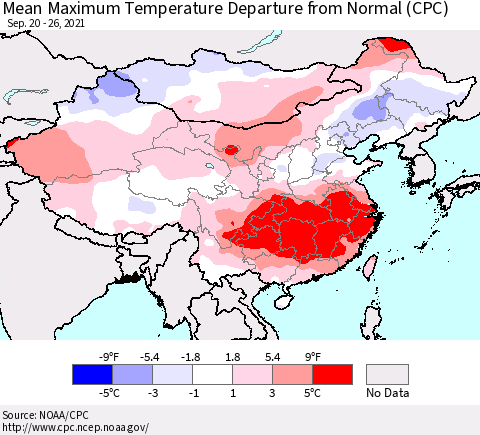 China, Mongolia and Taiwan Mean Maximum Temperature Departure from Normal (CPC) Thematic Map For 9/20/2021 - 9/26/2021