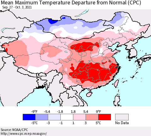 China, Mongolia and Taiwan Mean Maximum Temperature Departure from Normal (CPC) Thematic Map For 9/27/2021 - 10/3/2021