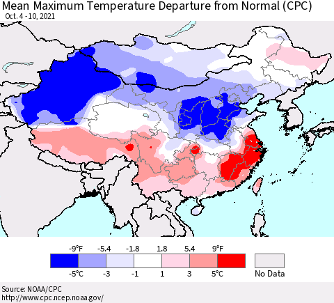 China, Mongolia and Taiwan Mean Maximum Temperature Departure from Normal (CPC) Thematic Map For 10/4/2021 - 10/10/2021