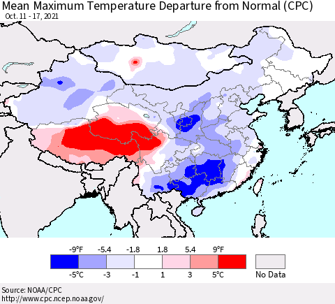 China, Mongolia and Taiwan Mean Maximum Temperature Departure from Normal (CPC) Thematic Map For 10/11/2021 - 10/17/2021