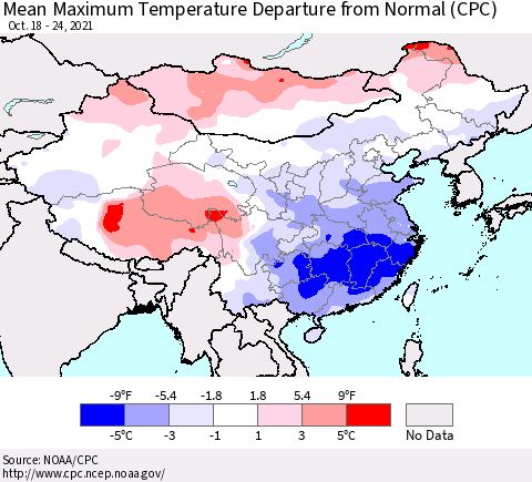 China, Mongolia and Taiwan Mean Maximum Temperature Departure from Normal (CPC) Thematic Map For 10/18/2021 - 10/24/2021